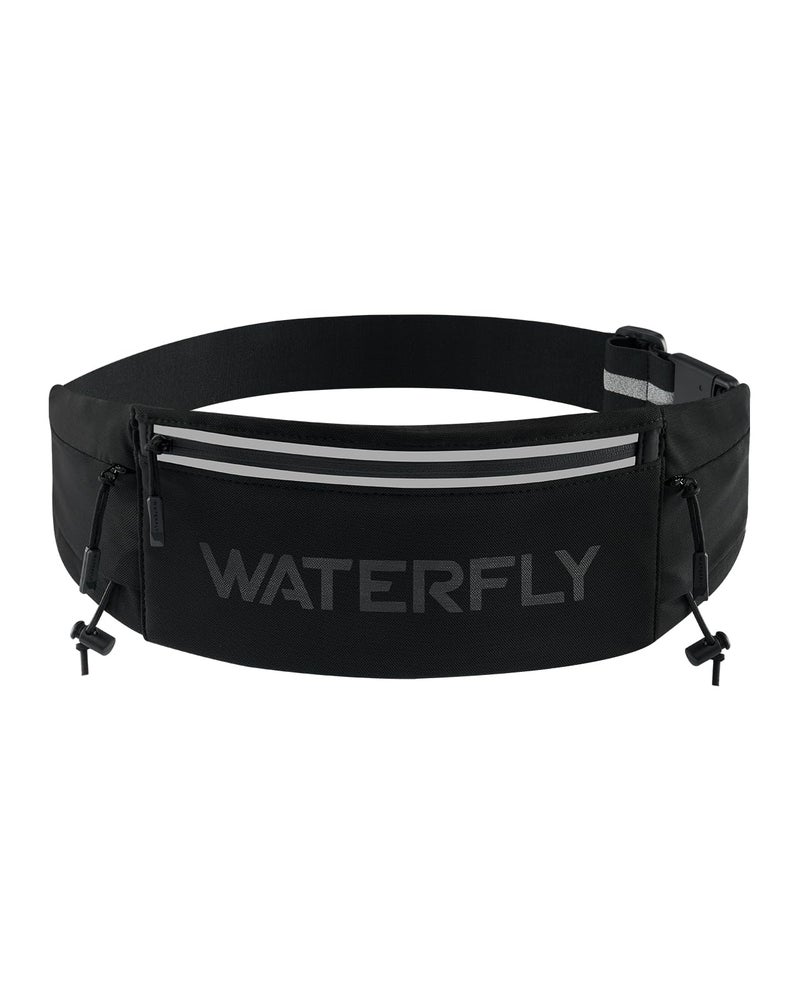 WATERFLY Running Belt Fanny Pack: Breathable 3 Pocket Waist Bag for Men Women Workout Exercise Fitness Phone Holder Fits ALL Phones - Runner Marathon Jogging Race Belt With Bib Clip Black - Image 1